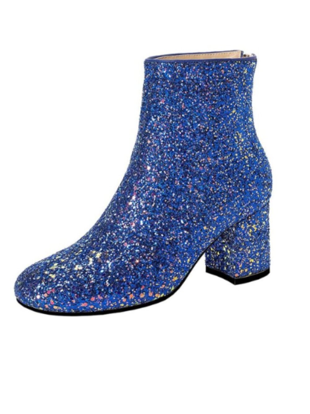 Blue Glitter Pointed Toe Chunky Heel Ankle Boots - Picture 3 of 9